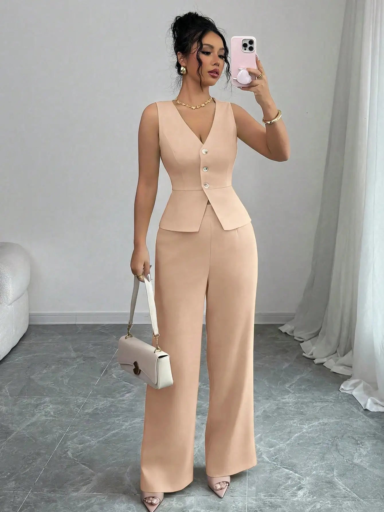 Elegant Sleeveless V-Neck Blazer Set – Women’s Wide Leg Pants Suit