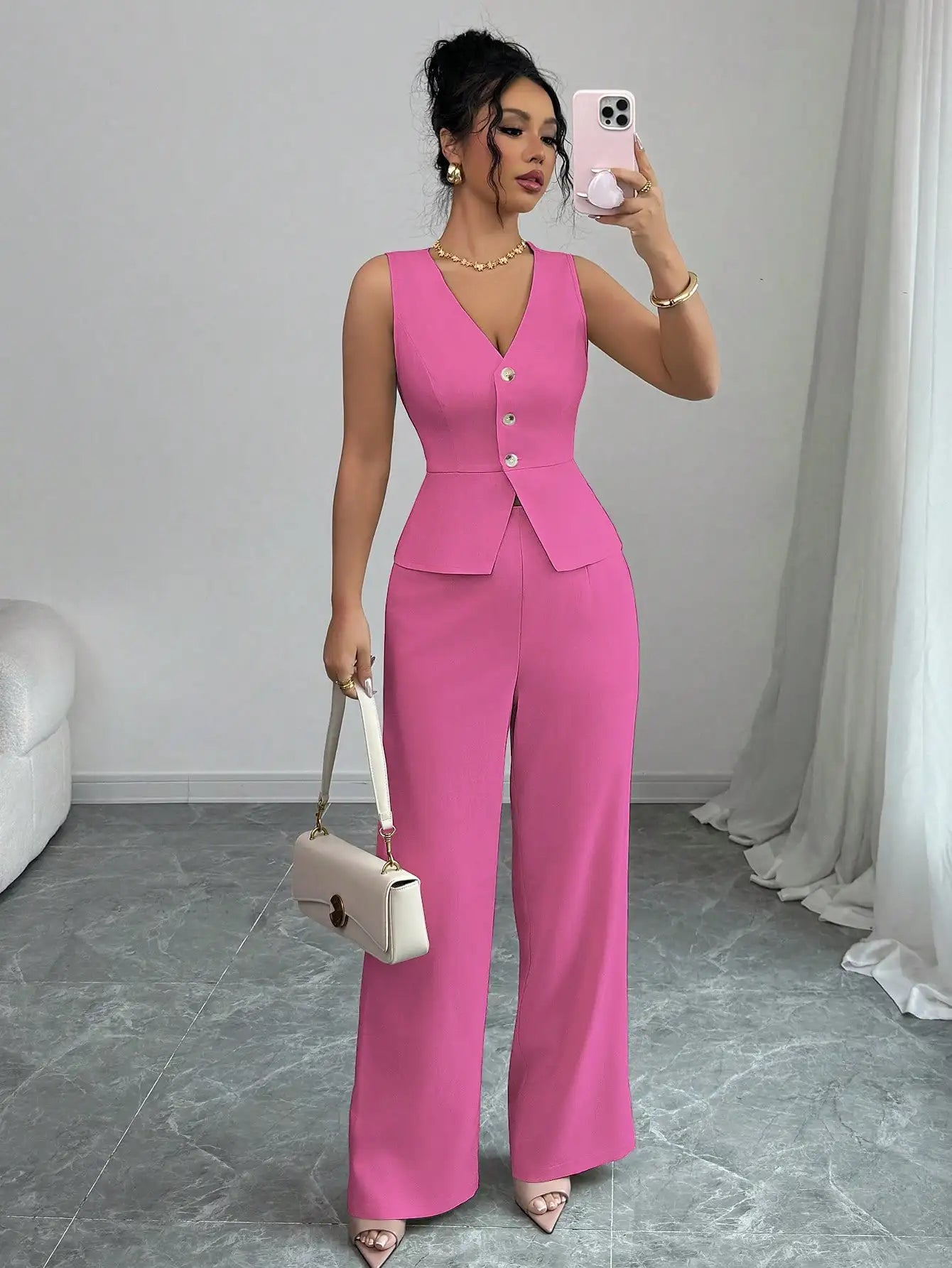 Elegant Sleeveless V-Neck Blazer Set – Women’s Wide Leg Pants Suit