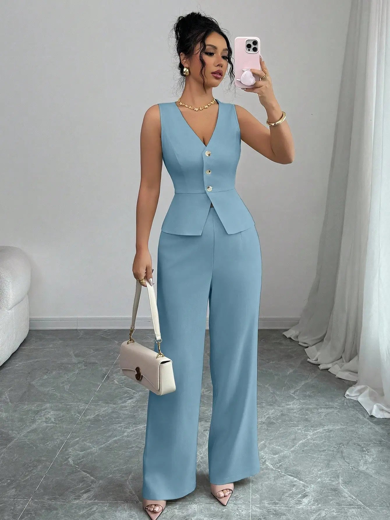Elegant Sleeveless V-Neck Blazer Set – Women’s Wide Leg Pants Suit