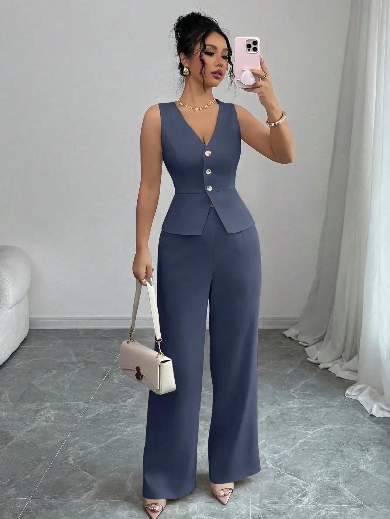 Elegant Sleeveless V-Neck Blazer Set – Women’s Wide Leg Pants Suit