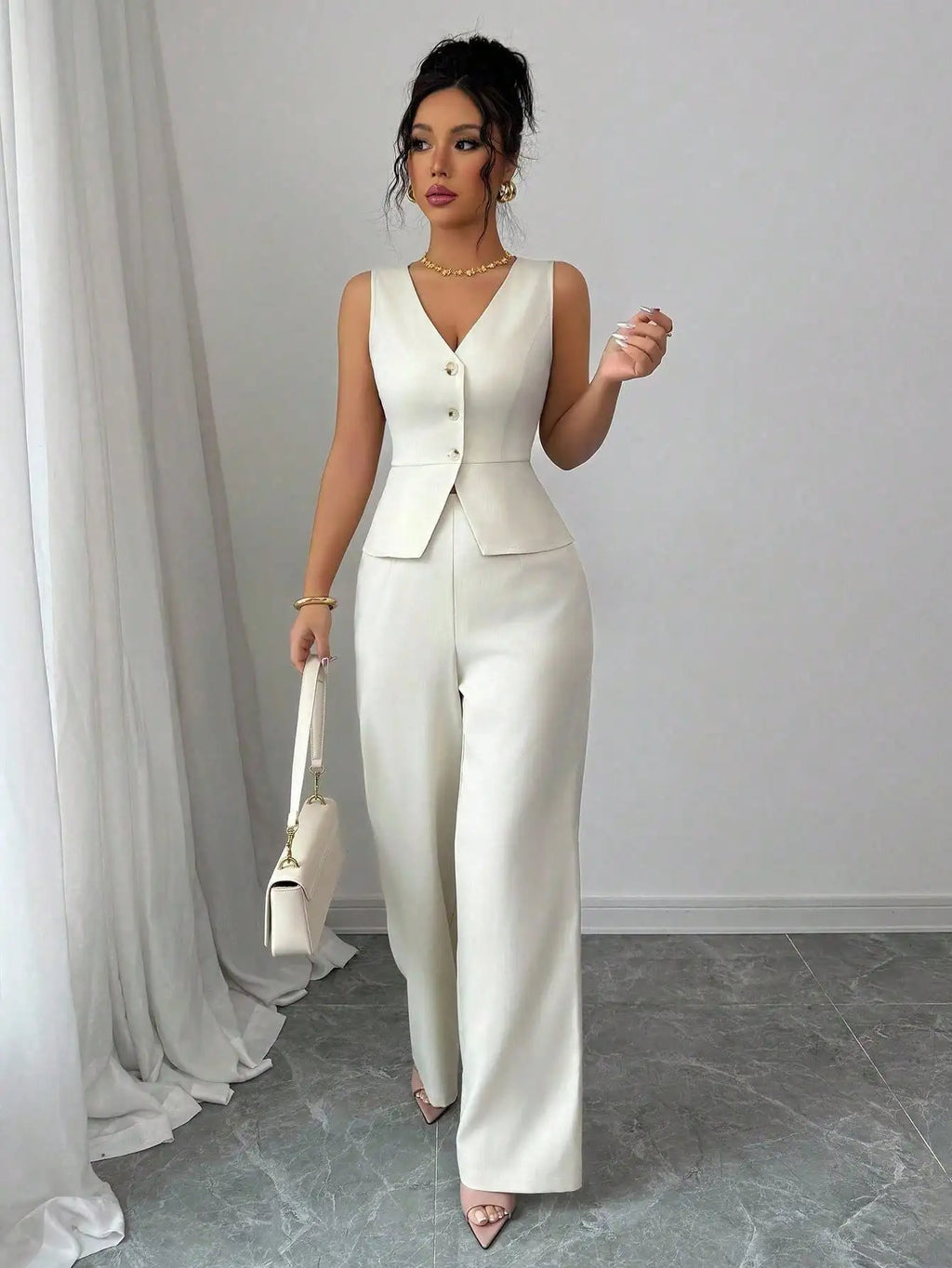 Elegant Sleeveless V-Neck Blazer Set – Women’s Wide Leg Pants Suit