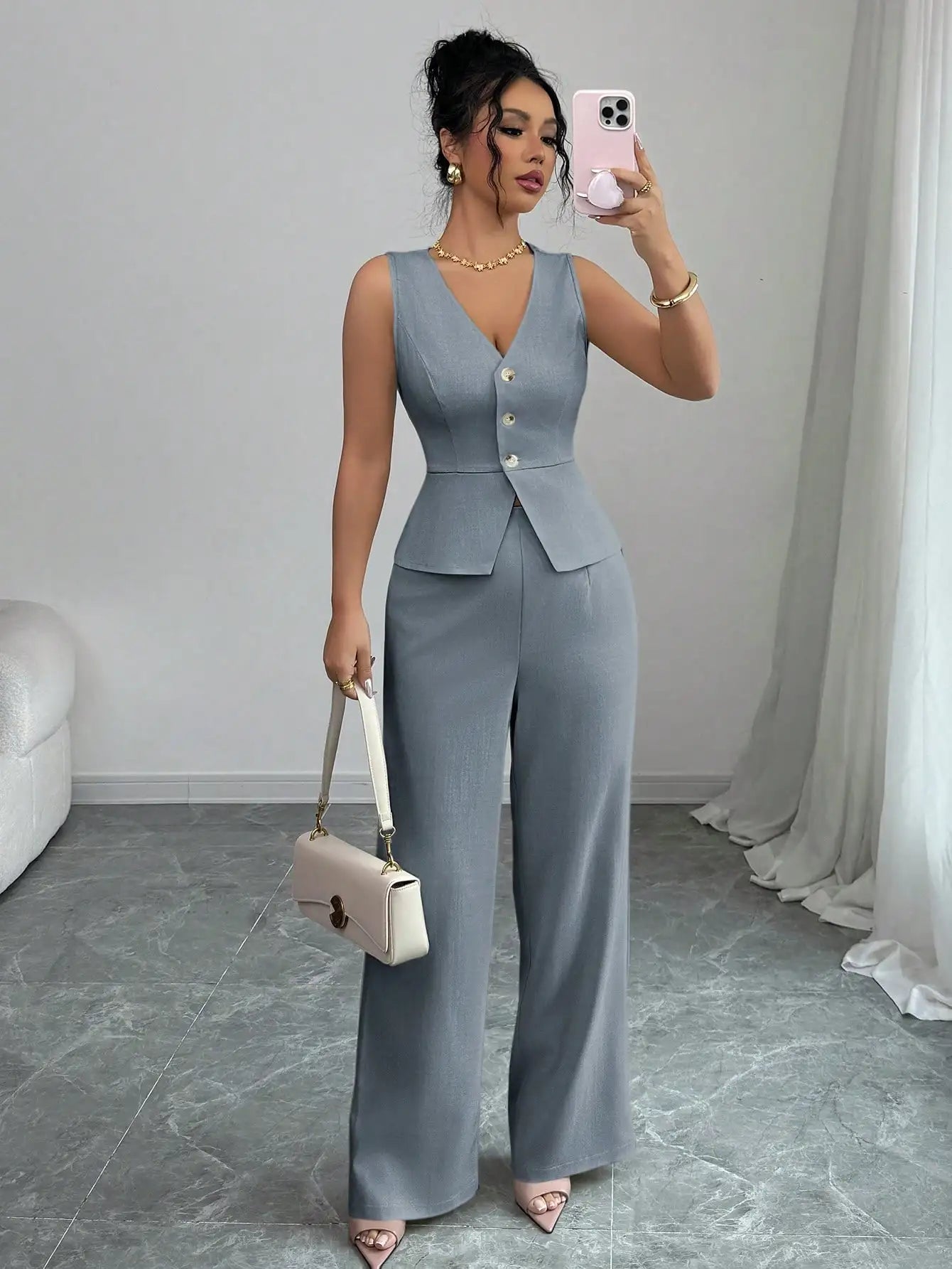 Elegant Sleeveless V-Neck Blazer Set – Women’s Wide Leg Pants Suit