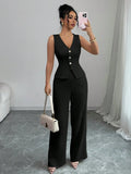 Elegant Sleeveless V-Neck Blazer Set – Women’s Wide Leg Pants Suit