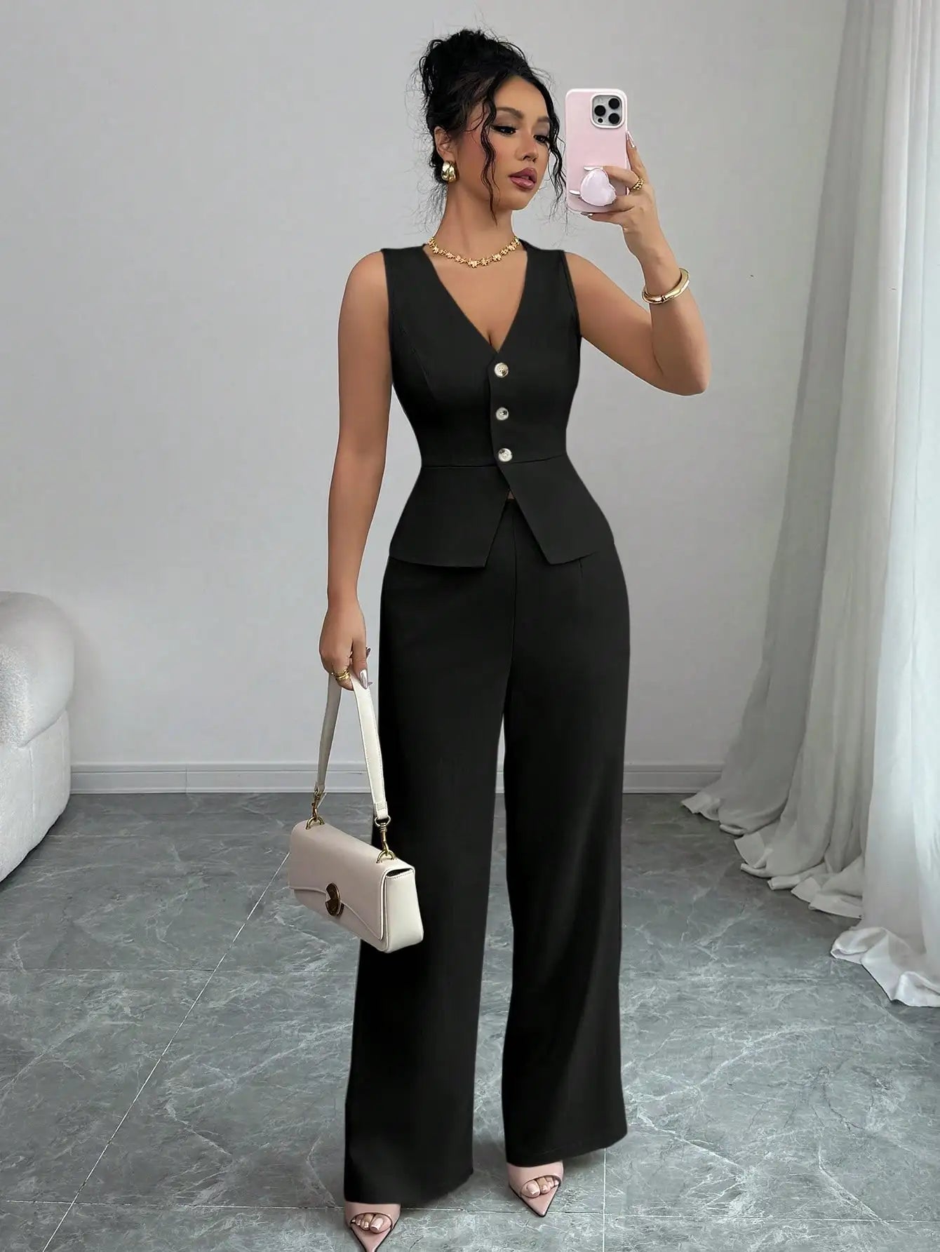 Elegant Sleeveless V-Neck Blazer Set – Women’s Wide Leg Pants Suit