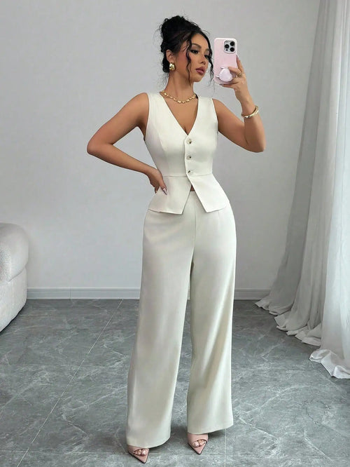 Elegant Sleeveless V-Neck Blazer Set – Women’s Wide Leg Pants Suit