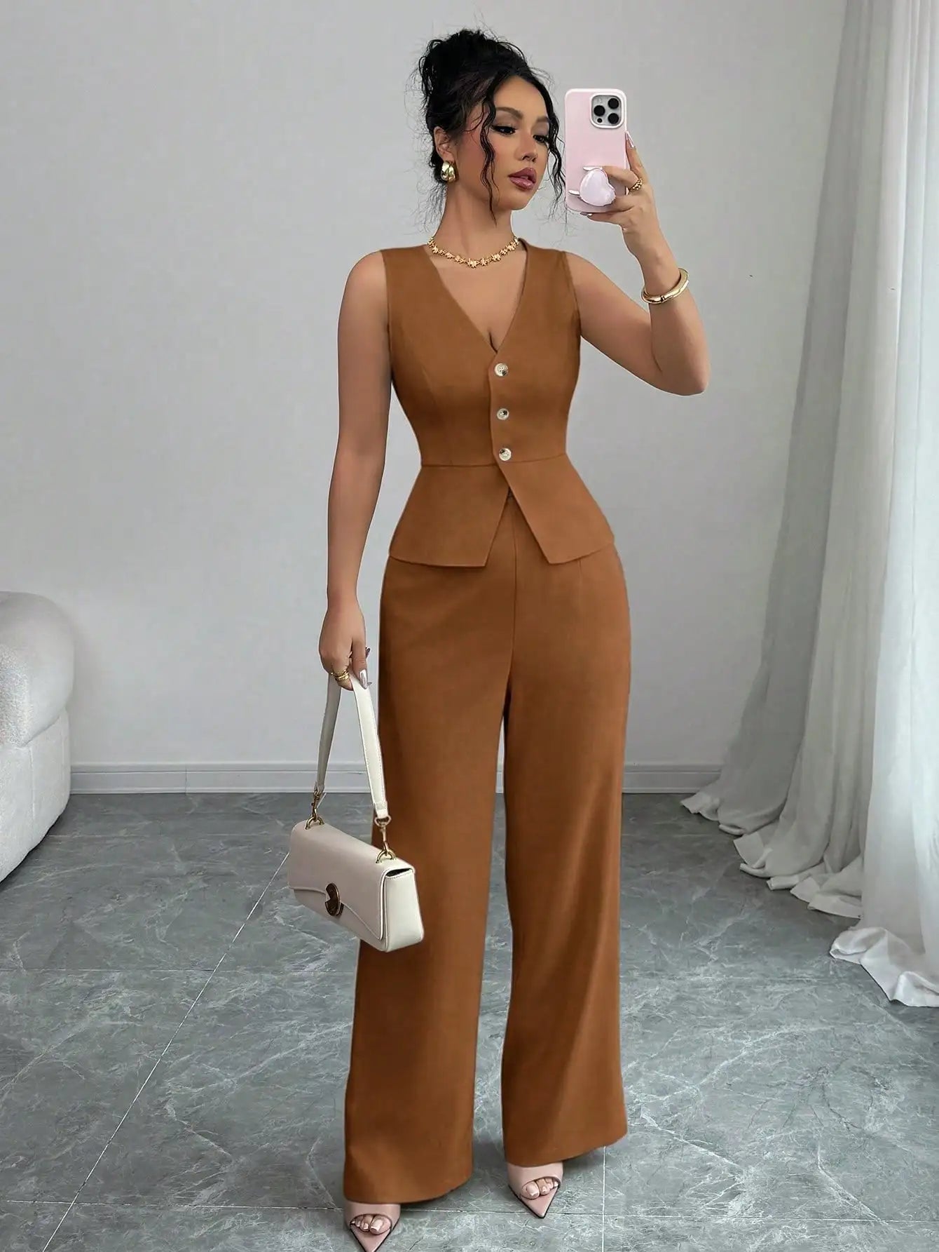 Elegant Sleeveless V-Neck Blazer Set – Women’s Wide Leg Pants Suit