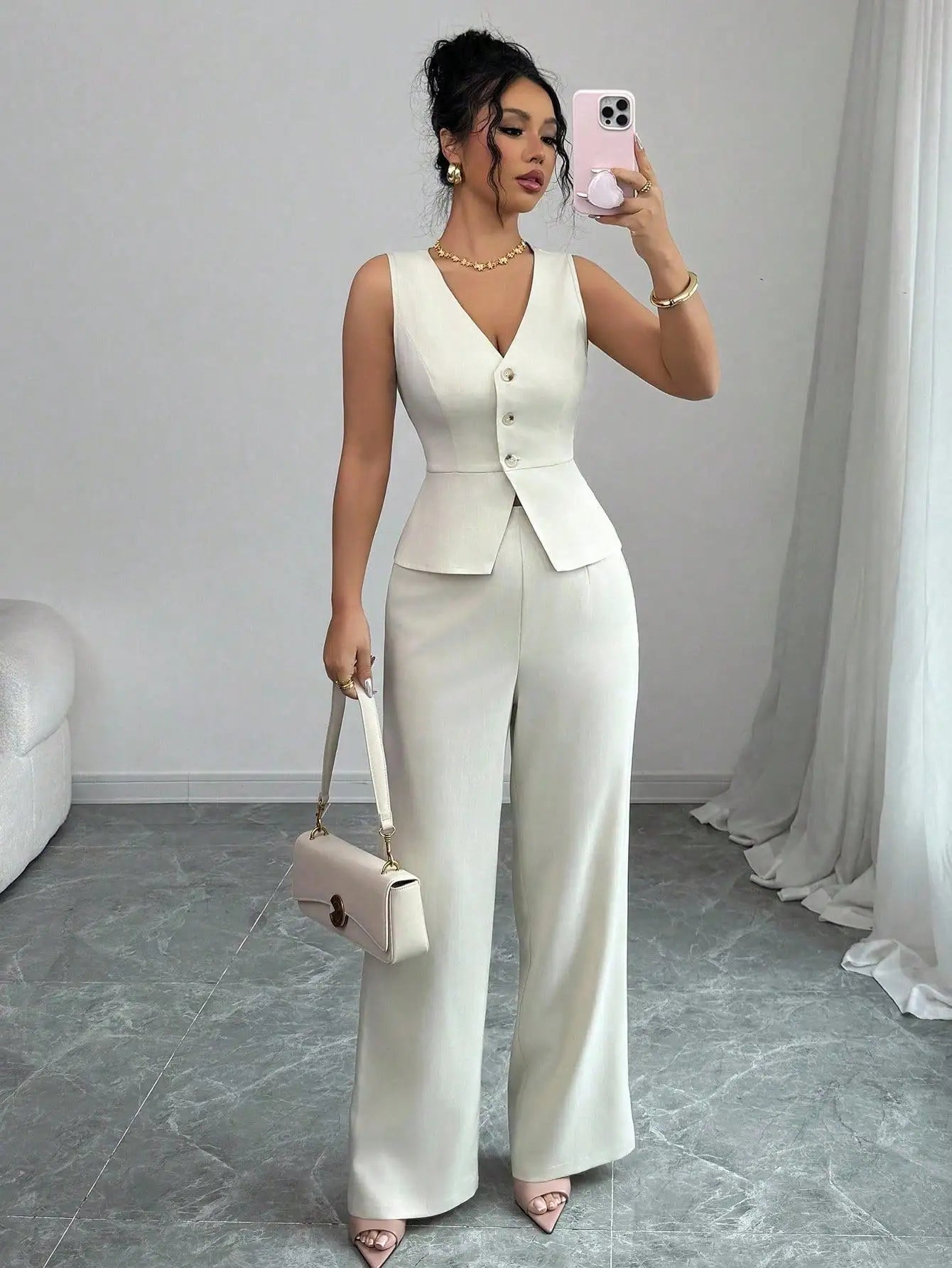 Elegant Sleeveless V-Neck Blazer Set – Women’s Wide Leg Pants Suit