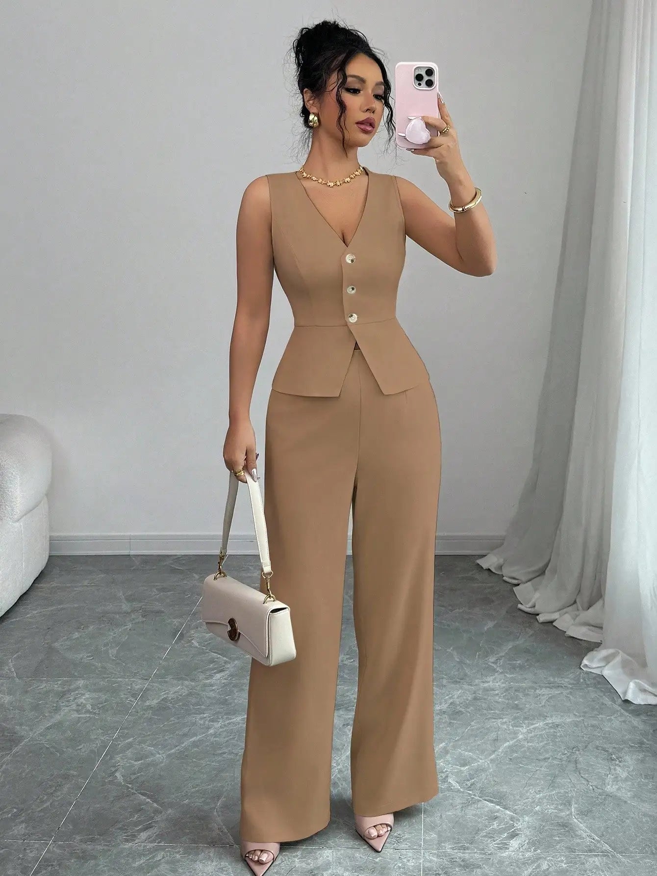 Elegant Sleeveless V-Neck Blazer Set – Women’s Wide Leg Pants Suit