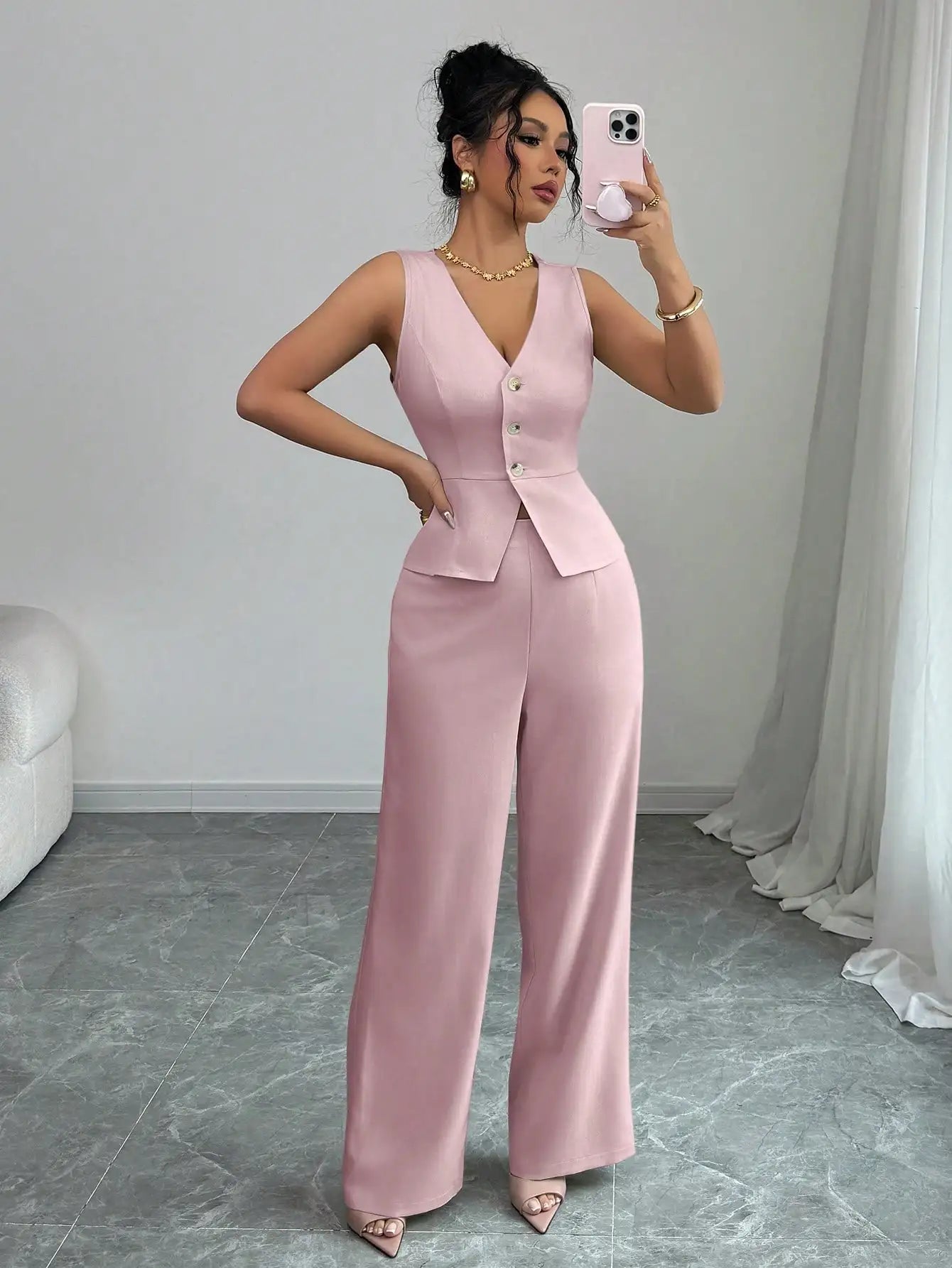 Elegant Sleeveless V-Neck Blazer Set – Women’s Wide Leg Pants Suit