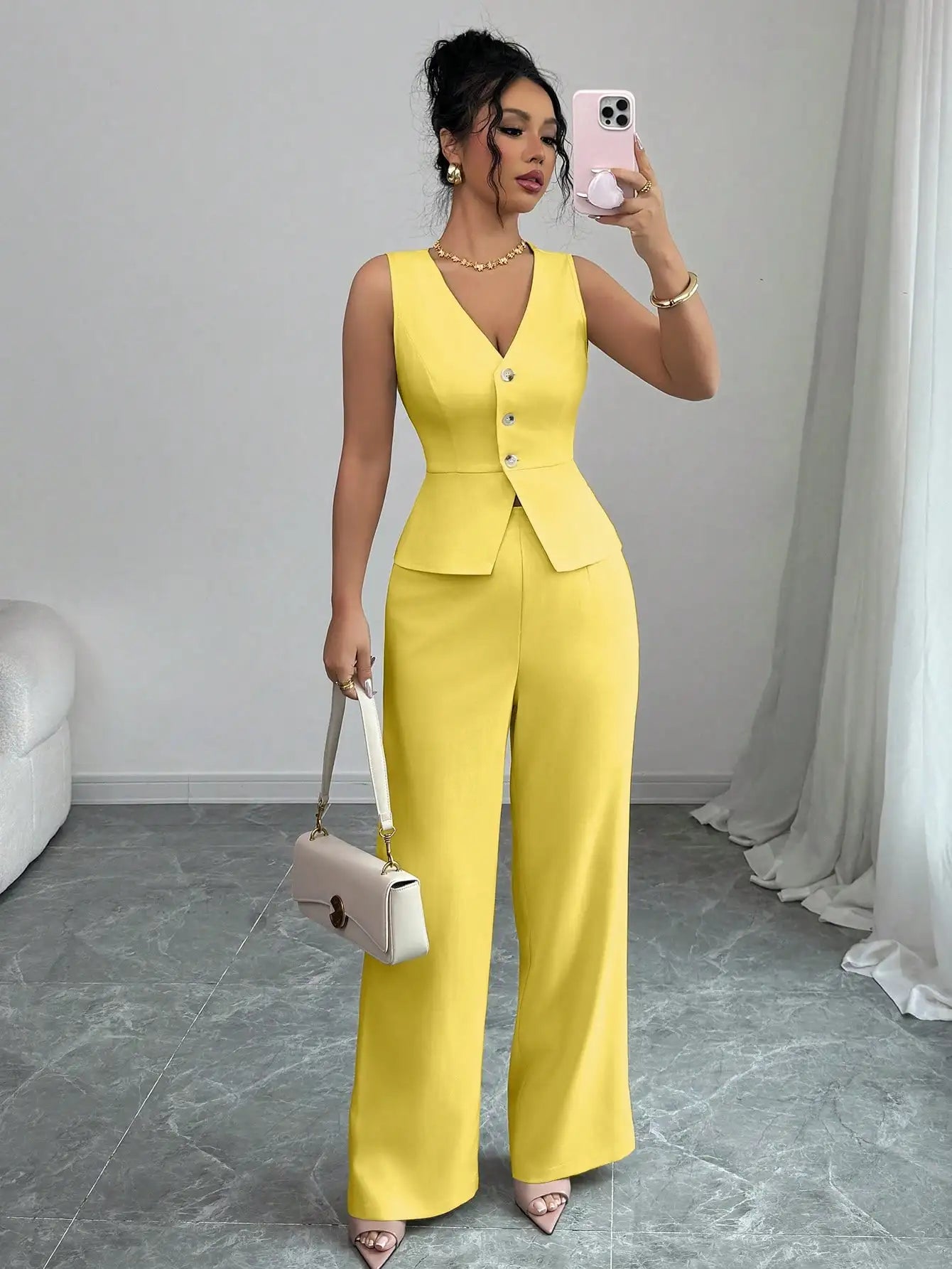 Elegant Sleeveless V-Neck Blazer Set – Women’s Wide Leg Pants Suit