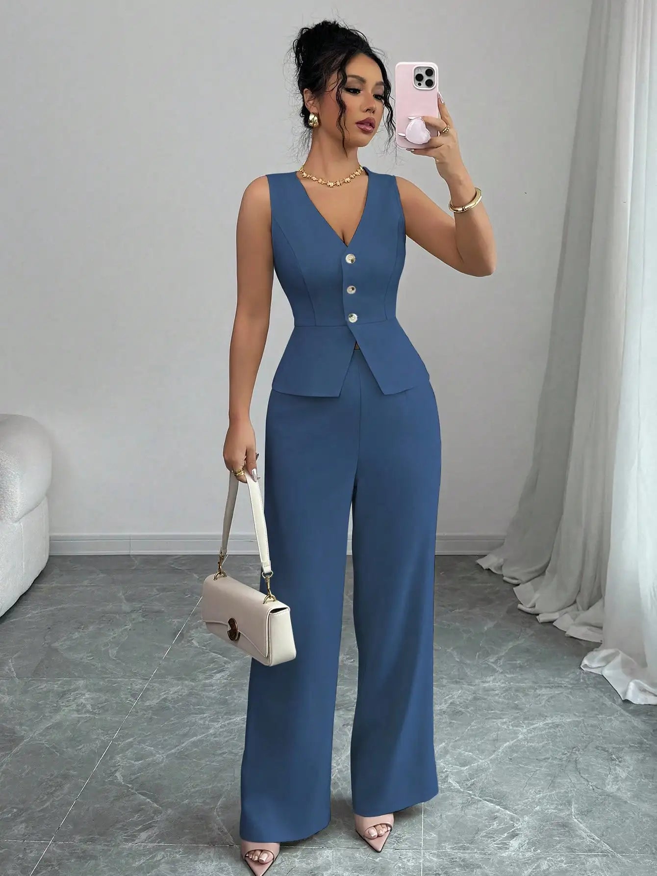 Elegant Sleeveless V-Neck Blazer Set – Women’s Wide Leg Pants Suit