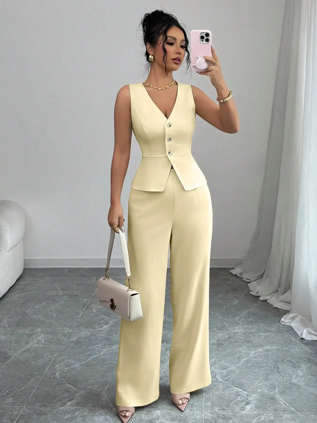 Elegant Sleeveless V-Neck Blazer Set – Women’s Wide Leg Pants Suit