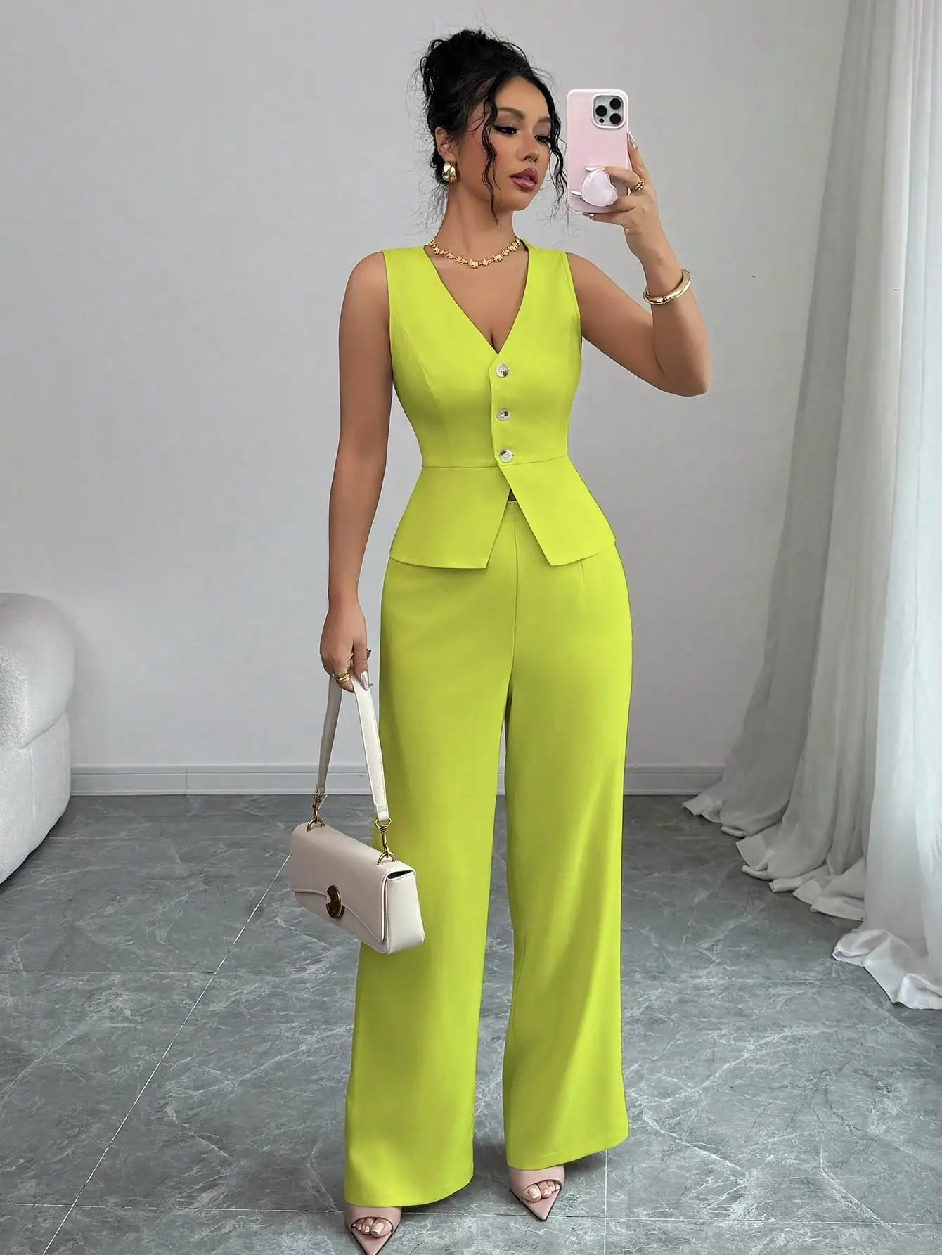 Elegant Sleeveless V-Neck Blazer Set – Women’s Wide Leg Pants Suit