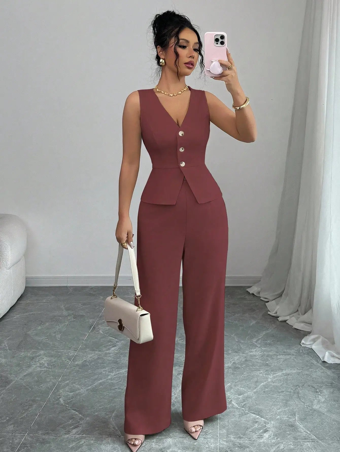 Elegant Sleeveless V-Neck Blazer Set – Women’s Wide Leg Pants Suit