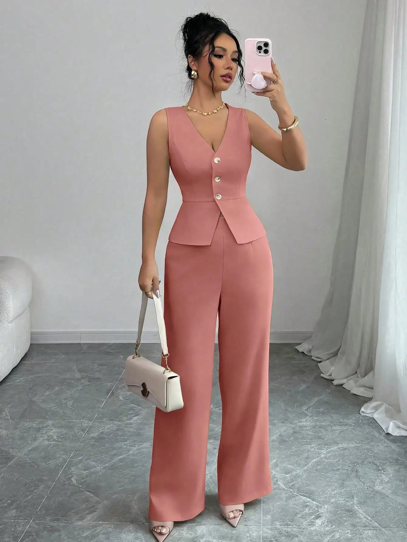 Elegant Sleeveless V-Neck Blazer Set – Women’s Wide Leg Pants Suit
