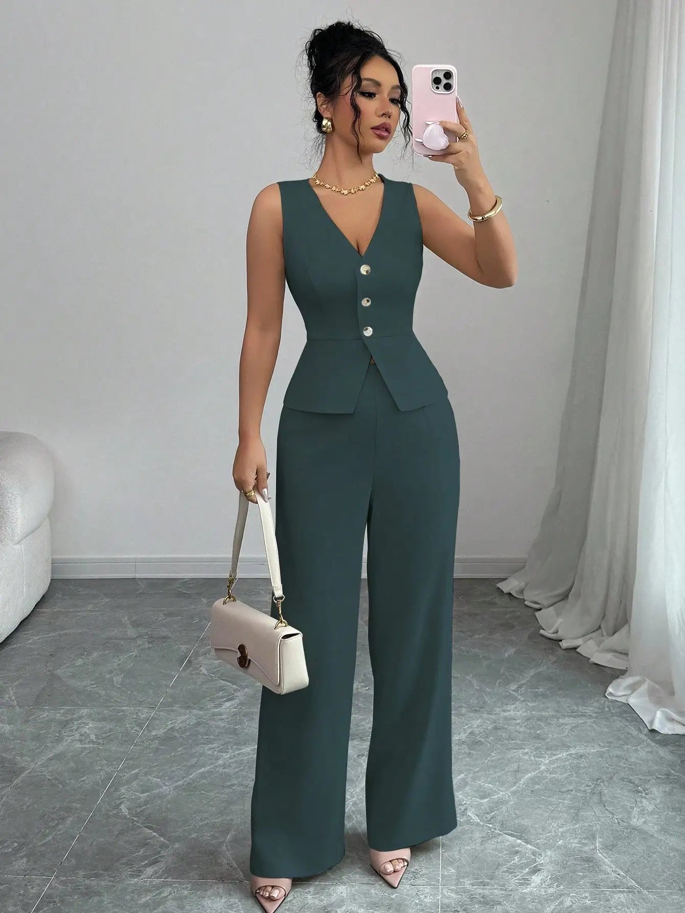 Elegant Sleeveless V-Neck Blazer Set – Women’s Wide Leg Pants Suit