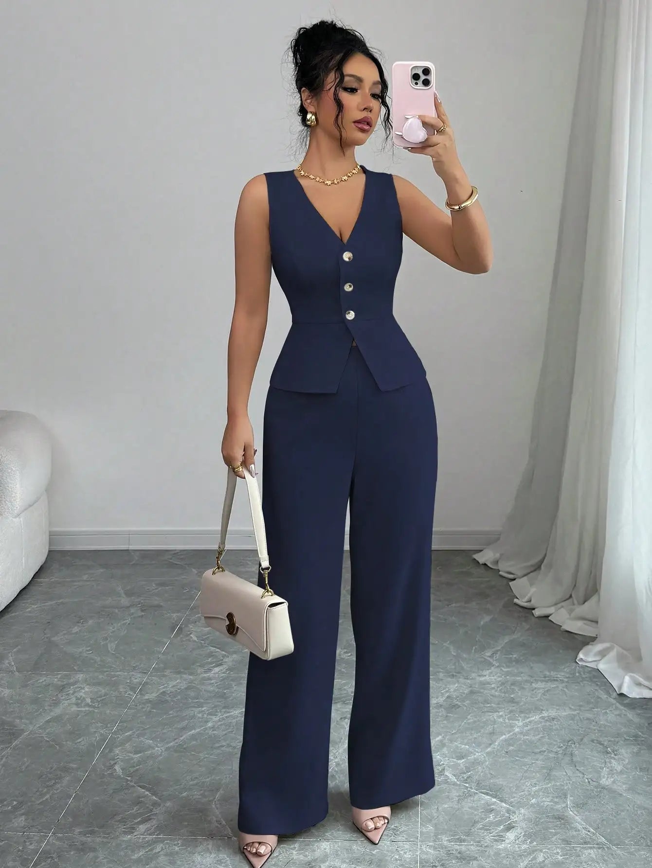 Elegant Sleeveless V-Neck Blazer Set – Women’s Wide Leg Pants Suit