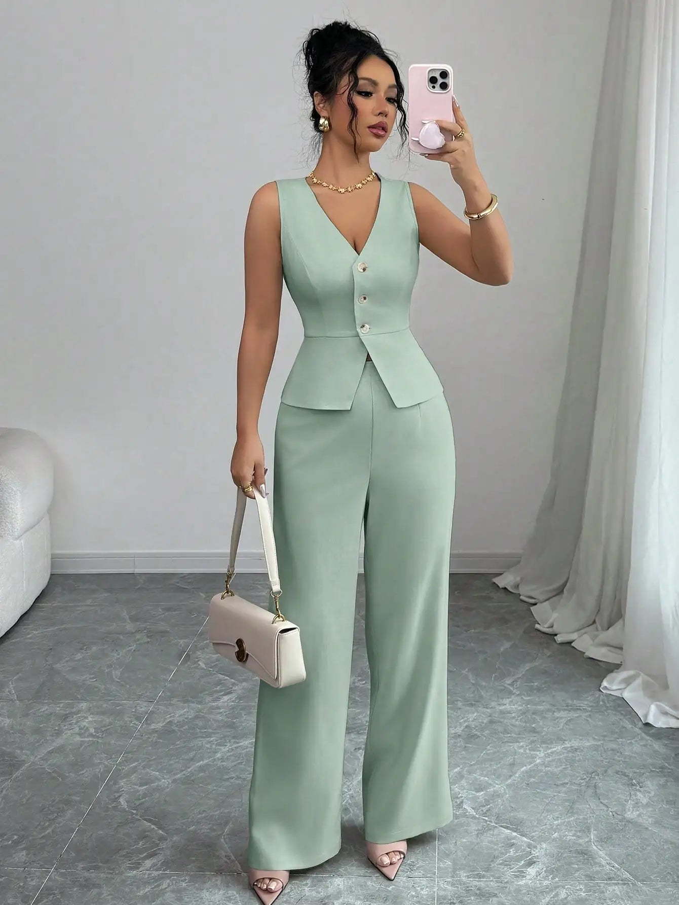 Elegant Sleeveless V-Neck Blazer Set – Women’s Wide Leg Pants Suit