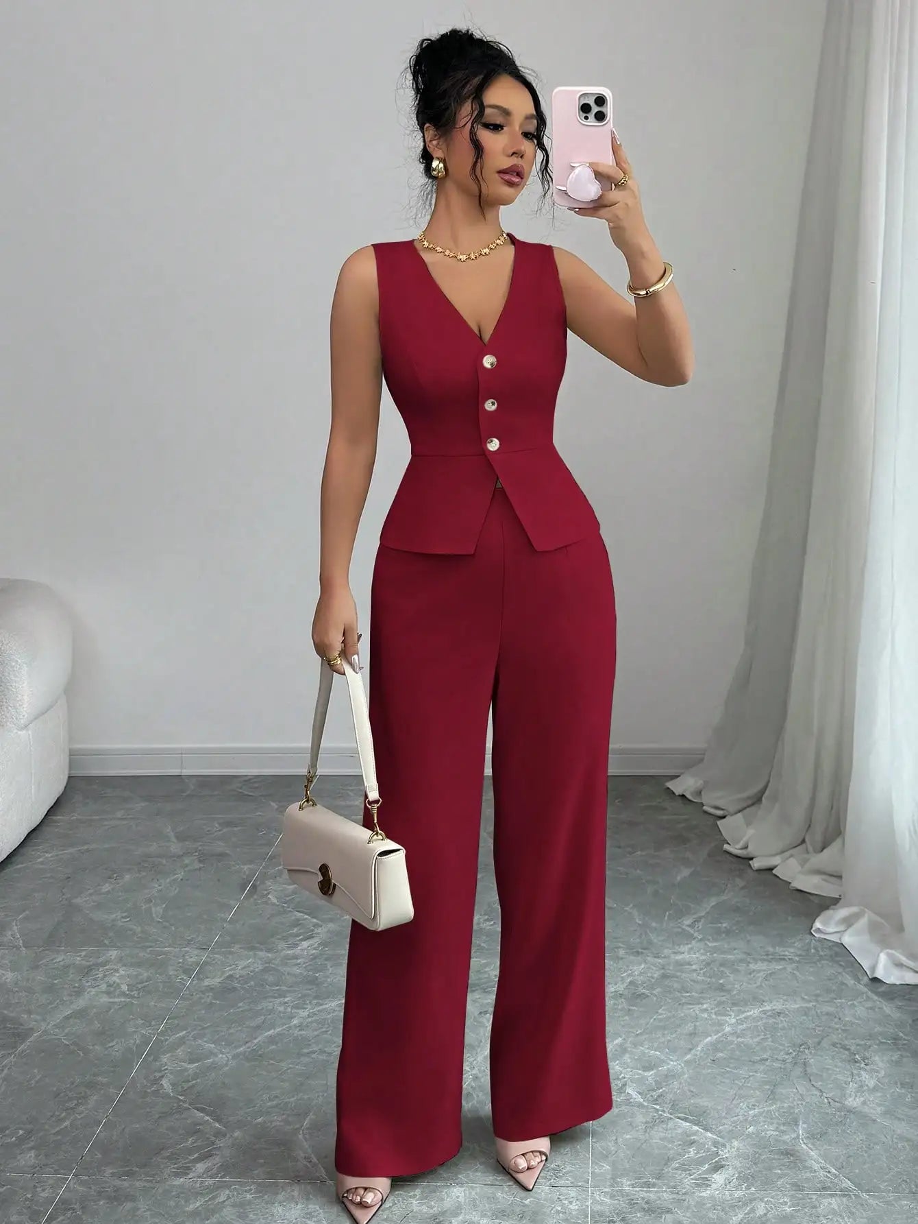 Elegant Sleeveless V-Neck Blazer Set – Women’s Wide Leg Pants Suit