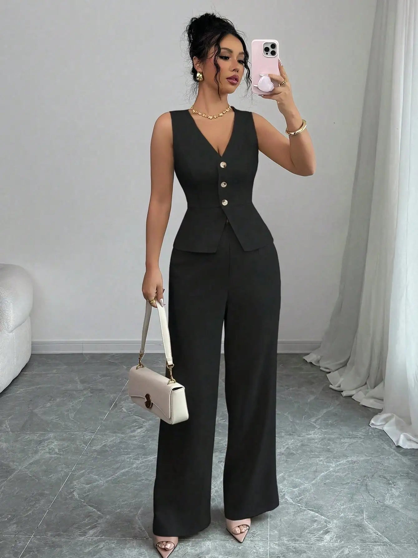 Elegant Sleeveless V-Neck Blazer Set – Women’s Wide Leg Pants Suit
