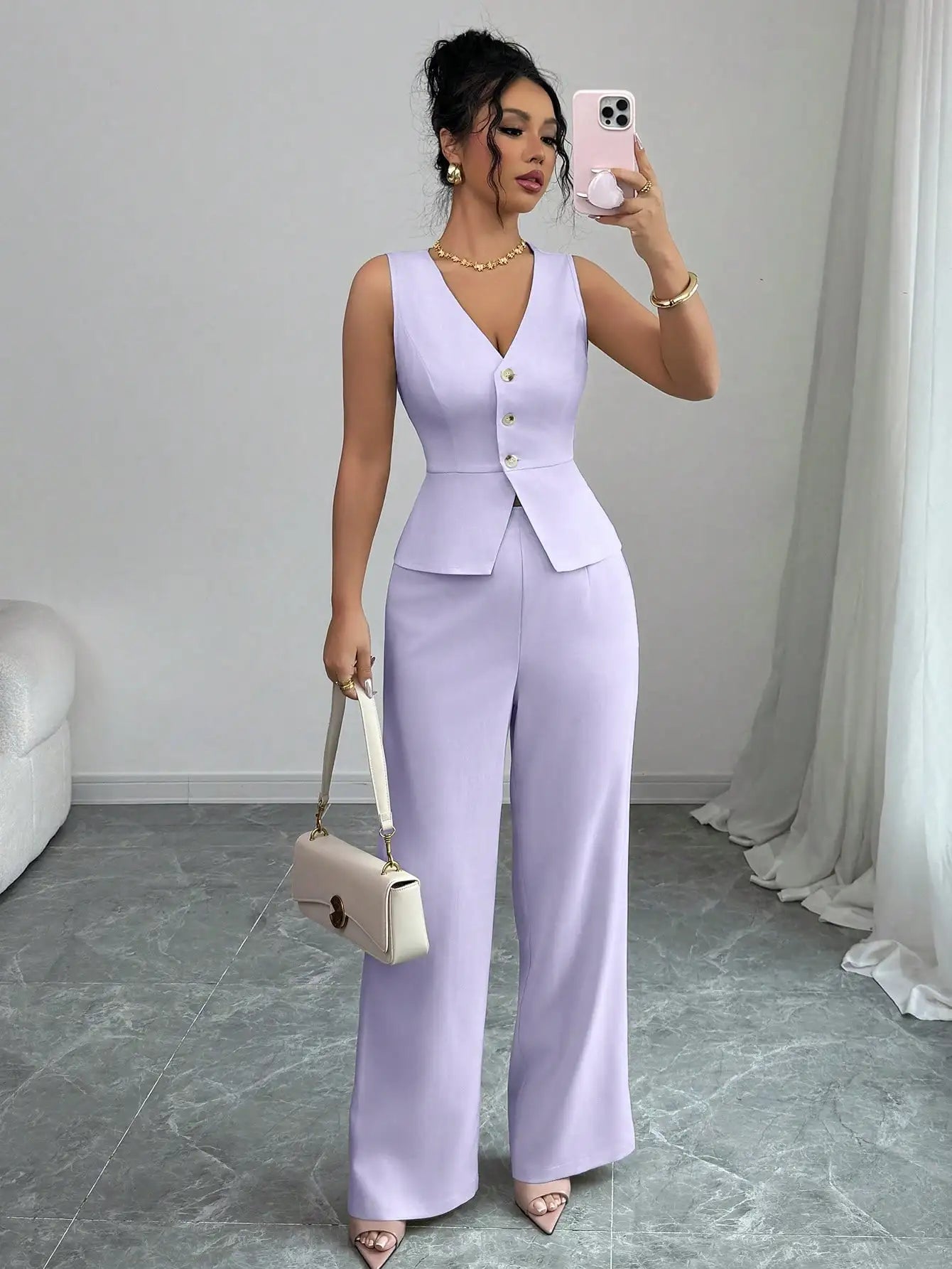 Elegant Sleeveless V-Neck Blazer Set – Women’s Wide Leg Pants Suit